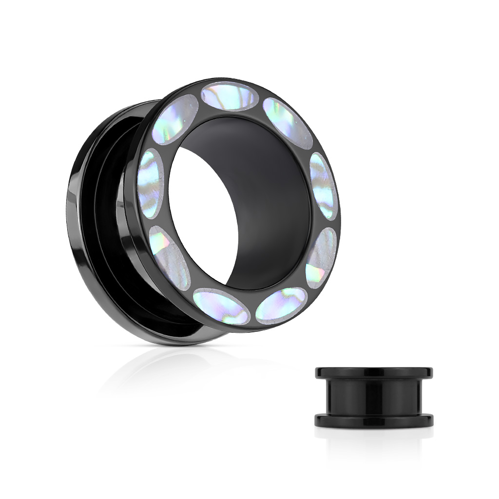 Abalone Inlaid Rim Black Acrylic Screw Fit Tunnels (14mm - 9/16")